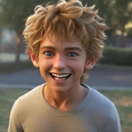 Prompt: Imagine: a young boy with blonde curley hair and brown eyes smiling Scene: shows the entire body Style: Super realistic