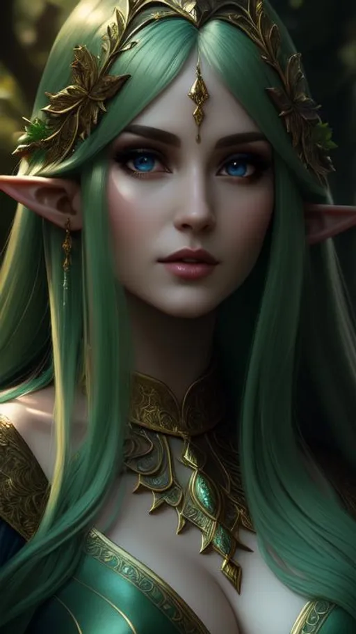 Prompt: Oil painting, Chiaroscuro, landscape, UHD, 8K, highly detailed, panned out view of the character, visible full body, a hyperdetailed elven woman, hyperdetailed long fantasy colored hair, masterpiece, hyperdetailed full body, hyperdetailed feminine attractive face and nose, complete body view, ((hyperdetailed eyes)), perfect body, perfect anatomy, beautifully detailed face, alluring smile, ((fantasy_gown1.3)), small chest