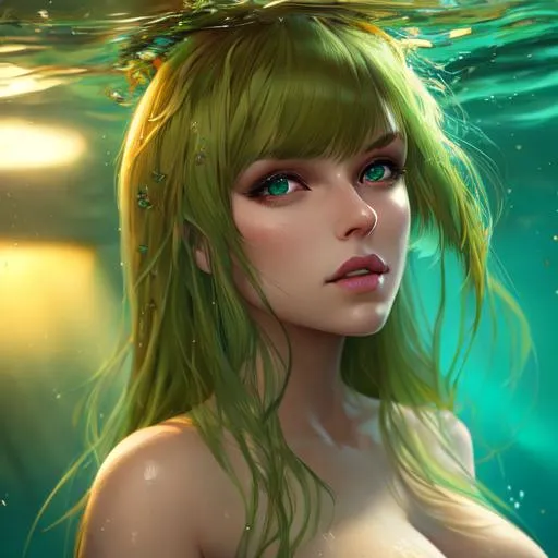 Prompt: beautiful woman, brown blonde green hair with bangs underwater, oil painting, longshot, highly detailed, professional, studio lighting, trending on artstation, vivid colors, HDR, UHD, 64k,