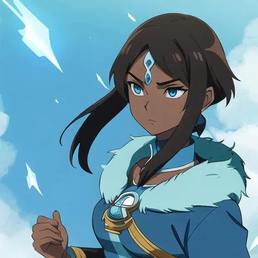 Prompt: Avatar the last airbender. Water tribe woman. Dark skin. Brown hair. Blue necklace