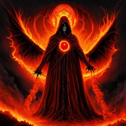 Prompt: death wearing cloak with the world on fire and a red dragon drapped with fire flying across the red sky and fire on sea