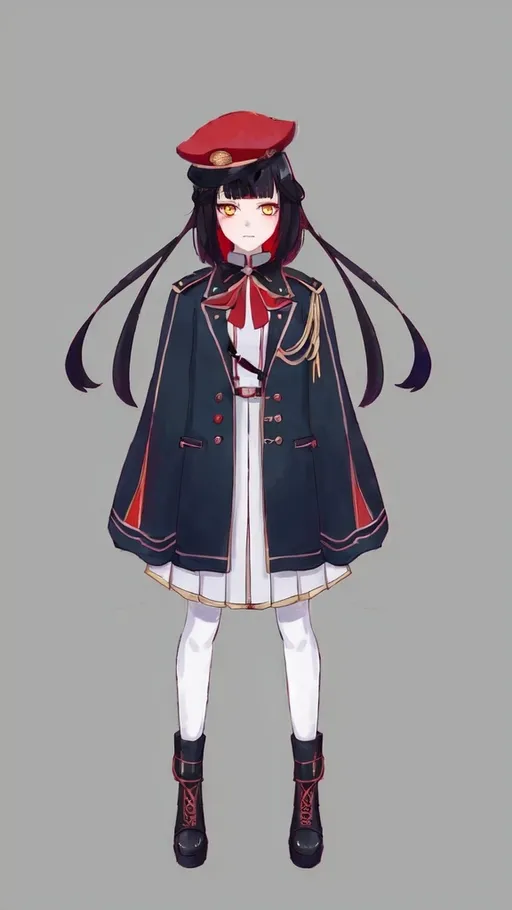 Prompt: High-resolution anime illustration of a girl in military uniform, black hair, red military cap, white stockings and skirt, yellow eyes, professional digital art, anime, cool tones, military style, detailed eyes, sleek design, best quality, highres, ultra-detailed, reference sheet, concep art