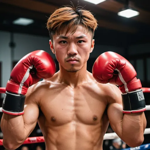 Prompt: A Japanese boxer resembling Naoya Inoue with strong muscles and determined gaze. Handsome face wearing huge big red boxing gloves. Raised up both muscular arms to show off his muscles.