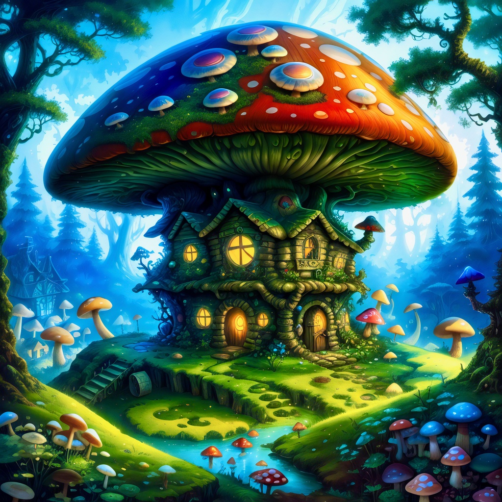 Prompt: a painting of a mushroom house in the middle of a forest, android jones and chris dyer, cd cover artwork, award-winning artwork, james mccarthy, elronds house, inkarnate, skottie young