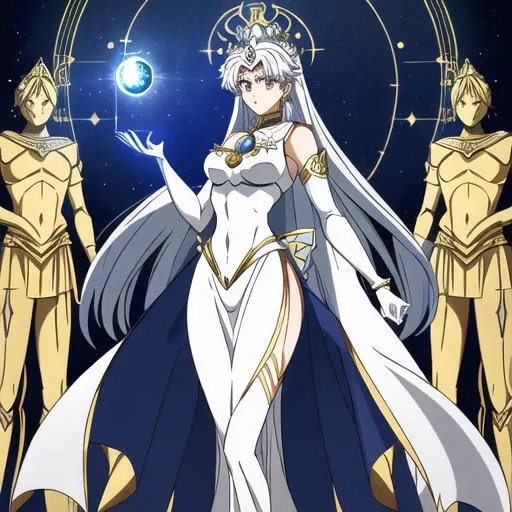 Prompt: ancient queen Eternal Sailor Moon in her final ultimate godlike shape, illuminated by a soft silvery light, intricate outfit with gold and silver trim, her perfect figure radiating holy energy, holding Apple of Eden from Assassin's Creed, solar system in the background, she stands with a determined air, her gaze unwavering, godly, beautiful detailed eyes glowing with infinite power, absolutely astonishing, razor-sharp focus, cosmic, mesmerizing, (masterpiece), volumetric lighting, light beams, UHD, 16k, HDR, ((((best quality)))), ((((extreme details))))