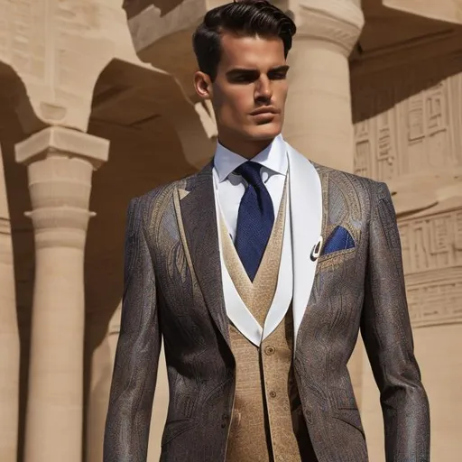 Prompt:  men's suit filled with pharaonic inscriptions mixed with a modern cut with Italian elegance