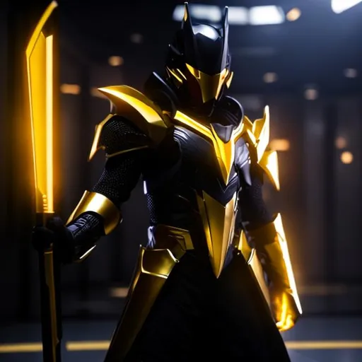 Prompt: Guard wearing black and gold futuristic armor, holding a purple energy sword. 8k, hyperrealistic, sharp, futuristic, space.(8k UHD:1.2),(8k Resolution),(hDR)(8k 3D)