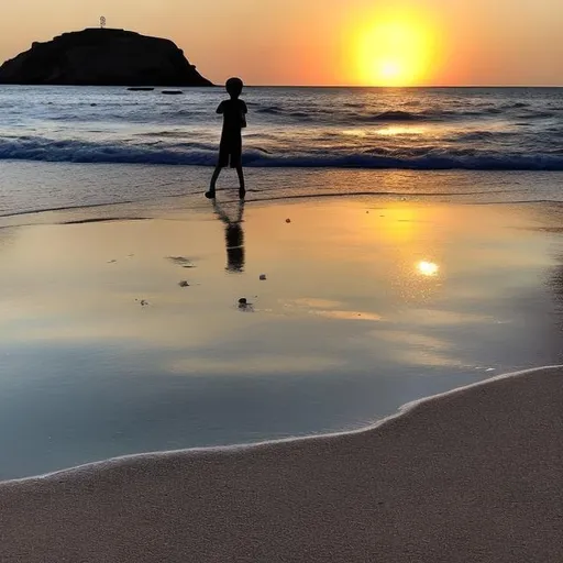 Prompt: sunset on a crystal clear sea while the boys are playing football on the beach