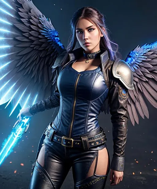 Prompt: Concept art, full body, fire scene featuring a cyberpunk valkyrie girl, warrior, dreamy, beautiful big white wings,  perfect face, with dark hair, blue highlights, big blue eyes, dark eye shadow, wearing a leather high-collar vest with long sleeves, torn pants in knee-high boots, choker, beautifully rendered using Octane render intricate details, telephoto lens, bokeh