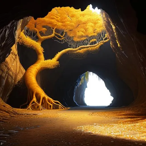 Prompt: gigantic and glistening golden-orange Tree, without leaves, in a huge cave