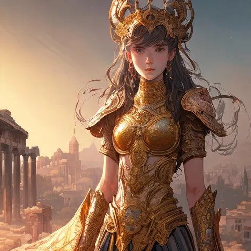 Prompt: "portrait knights of zodiac girl, golden and copper shining armor, karate pose, in ruined agora of athens sunrise, ssci - fi and fantasy, intricate and very very beautiful and elegant, highly detailed, digital painting, artstation, concept art, smooth and sharp focus, illustration, art by tian zi and wlop and alphonse mucha and z - - ed"