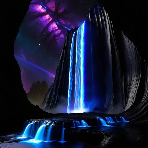 Prompt: An awe-inspiring alien landscape on the planet Vyrathis, centered around a colossal, otherworldly waterfall. The water is a black luminous fluid (liquid light:2.0), flowing powerfully over the cliff’s edge in dynamic, fluid motion. The inky black stream shimmers with faint, iridescent highlights, glowing faintly as it cascades downward (hypnotic luminescence, glowing currents:1.9). Twisting eddies and spiraling waves form as the liquid crashes into sharp, jagged obsidian rocks below (explosive mist, glowing black froth:1.8). The black liquid reflects the haunting glow of the dark sun (shadowy hues, radiant darkness:1.9), casting intricate patterns of light and shadow across the scene.
The cliffs and banks are adorned with bioluminescent flora (alien plant species, glowing with vibrant dark hues:2.0), emitting radiant colors such as electric blues, neon greens, fiery oranges, and deep purples. These plants glow softly, their light pulsating like a heartbeat, and their translucent leaves and tendrils sway gently, echoing the motion of the waterfall. Some vines and flowers cascade down the cliff face, intertwining with the black, luminous liquid, creating a mesmerizing contrast between glowing colors and shimmering darkness.
The alien fauna are sleek and ethereal, with glowing, bioluminescent patterns etched into their dark forms. Some creatures cautiously drink from the calmer black pools downstream (vivid reflections on liquid light:1.8), while others leap gracefully between glowing rocks or hover on faintly glowing wings (surreal, weightless motion:1.5). Their melodic, echoing calls harmonize with the roar of the waterfall, adding life and mystery to the landscape.
Behind the waterfall, a mysterious cave glows faintly (hidden chamber, radiant depths:1.9), partially obscured by the cascading black fluid. Its light shifts and pulsates like a living thing, hinting at ancient, otherworldly secrets hidden within. The composition is alive with dynamic motion, vivid contrasts of light and shadow, and the surreal beauty of liquid light flowing through an alien world, capturing the majesty, mystery, and scale of Vyrathis.