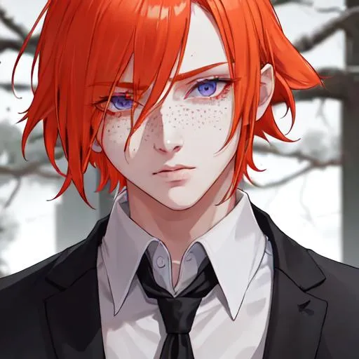 Prompt: Erikku male (short ginger hair, freckles, right eye blue left eye purple) UHD, 8K, Highly detailed, insane detail, best quality, high quality. As the godfather, mafia, crime lord, holding a chainsaw