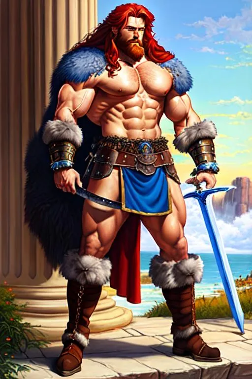 Prompt: oil painting, full body, bare chested strong muscular, male warrior character, has  long red hair that rests upon his sholders, a grey beard and blue eyes wears a long skirt made of bear fur, wears gauntlets and armored boots, he holds a large great sword