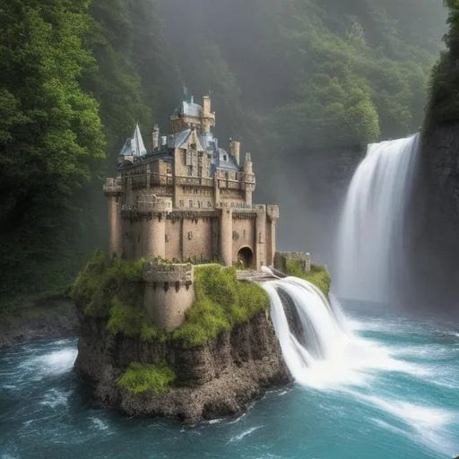 Prompt: a castle on the edge of a waterfall