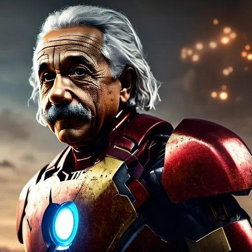 Prompt: Albert Einstein as Iron man, mask off, extremely, detailed environment, detailed background, intricate, detailed skin, natural colors , professionally color graded, photorealism, 8k, moody lighting.