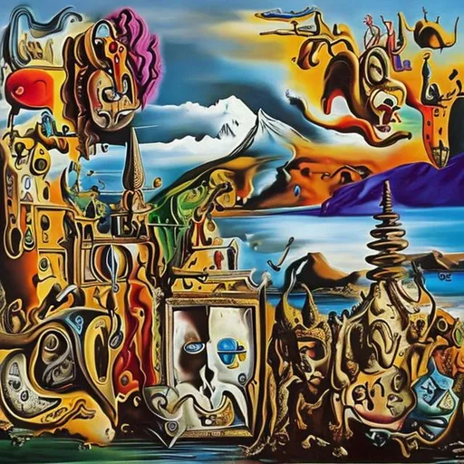 Prompt: Create Salvador Dali graffiti image, incorporate New Zealand and Bali Indonesia , also the number 1969 and 1974, bright colours 