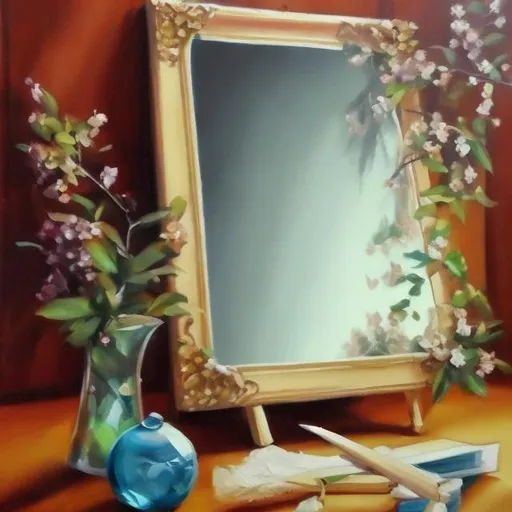 Prompt: sleep, tree, mirror, painting, book. oil painting