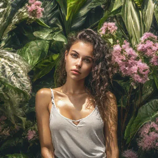 Prompt: a beautiful 23 yo woman, Summer clothes, plants background, 8k, HDR, best quality, ultra-detailed, Intricate details, details lips, details hair, looking at viewer, shadow, Light reflection on the skin, wet skin, Masterpiece, skinny, natural lighting realistic,