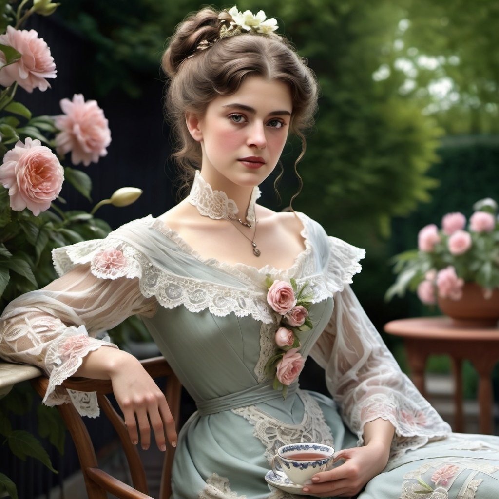 woman wearing a tea-gown, year 1905. Garden patio. L...