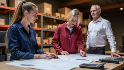 Zwei Handwerkerinnen diskutieren über Baupläne mit Laptop und Werkzeug