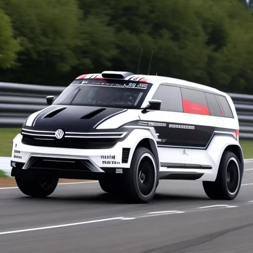 Prompt: Specced out rally version of the vw transporter, with a v12 in the back, with an enormous and complicated tear wing