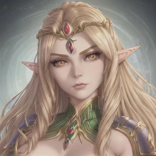 Prompt: "I would like to commission a highly realistic and extremely detailed face portrait of an Elf female character from World of Warcraft. The character should be modeled after an Medieval young princess with beautiful long, curly, and wavy gold hair, thin arched eyebrows, and striking orange eyes. She should be wearing a black clothes and an intricate crystal circlet on her forehead. The artwork should be created in either 4K or 16K resolution and should be of photo realistic quality."