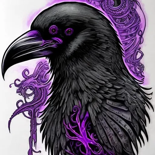 Prompt: mostly black and a bit of purple lovecraftian style raven bird tattoo