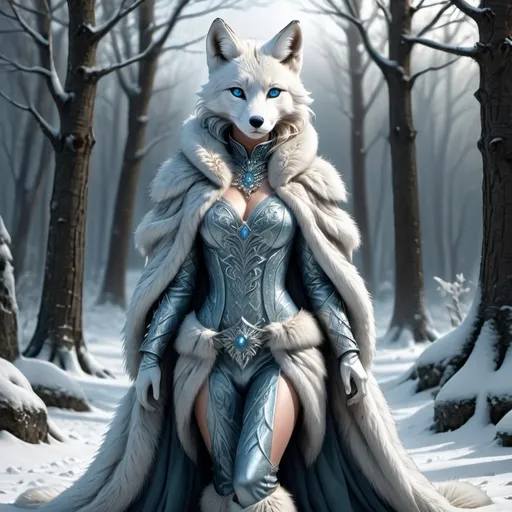 Prompt: Full-body pose of a stunning female human body, fierce snow fox head, elegant posture, intricate fur textures, icy blue eyes radiating mystery, elegant contrasting armor blending femininity and wildness, soft winter light casting gentle shadows, dynamic composition with a magical winter forest backdrop, high detail, ethereal ambiance, ultra-detailed, 4K resolution.