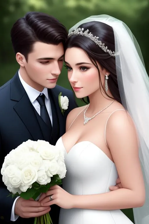 Prompt: Analog style portrait, Young woman and young male, máfia, He brunettes, They're getting married, she's in a white wedding dress, he's in a suit,  She's got a bouquet in her hand, pose, realistic, HD, 8k, Full body Whole body visible. Romantic, dark romance style, he is possessive. Cute, romantic, love in the look close-up, bulky lips, attraction, romantic, soft lightning, vintage, beautiful, 8k, highly detailed, Full body, background, full body visible, detailed face, close-up, bulky lips, detailed eyes, attraction, romantic, ultra realistic, beautiful, 8k, highly detailed, Realistic, Soft light, Real, Beach Wedding, Dark light, vintage vibes, Wedding of flowers, Blurry background, Brightness of lights