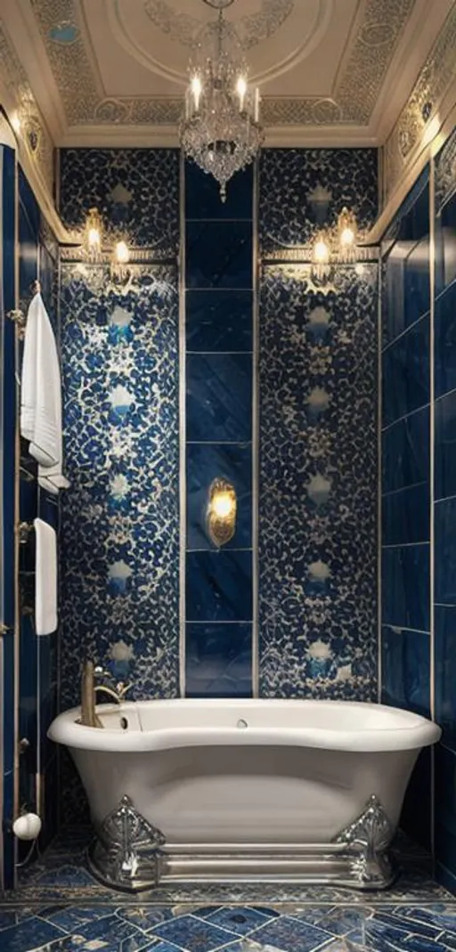 Prompt: large, luxurious belle epoque bathroom, polished silver beveling, blue sapphire station tiles, shower over bath, bidet, basin, terrazzo floors. photorealism.