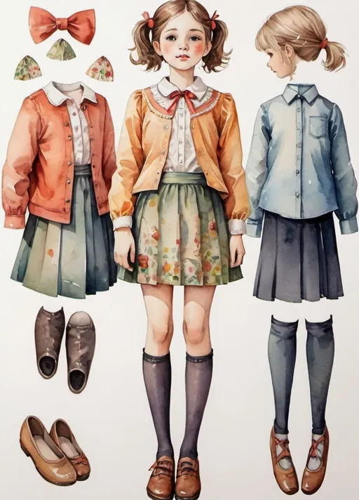 Prompt: young girl, children's clothing, skirt, blouse, a lot of details, high quality, fool body, standing straight, arms to the sides, paper doll, watercolor,