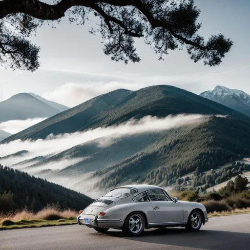 Prompt: image of light grey Porsche 356, soft lighting, mountains in background, mist in front of mountains but behind car