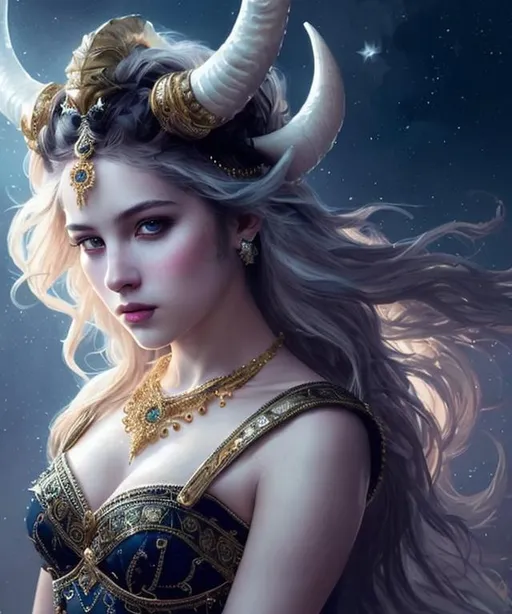 Prompt: A beautiful sensual fantasy female, white skin, ornate jewelry, highly detailed full body , pair of ram horns on head, just one head, long white hair, wearing dark blue dress, dark cloud background with stars, epic composition, ultra wide-shot, dynamic pose, concept art, dramatic lighting, digital painting, smooth, character design, ((sharp focus))