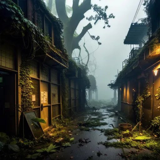 Prompt: overgrown laboratory with knight guards, at night, very dark, in post apocalyptic overgrown makeshift worn city wasteland amidst trees and plants,  leaves overgrowing buildings, debris, decay,  vines and roots, dark, rainy, fog, urban wasteland, apocalyptic, gloom, forest in background,