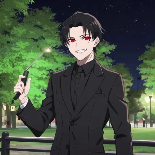 Prompt: Damien (male, short black hair, red eyes) in the park at night, grinning sadistically