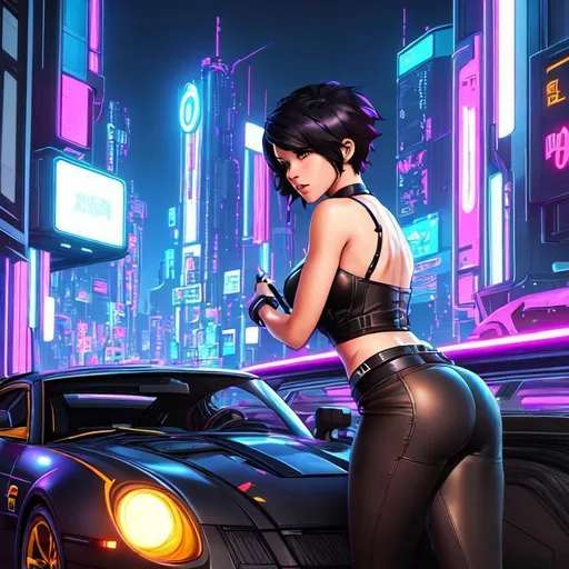 Prompt: Adam Hughes’ best new artwork. Award winning masterpiece. Official art. Original art. 1girl, woman, 20 years old, side view, bushy black short hair, bomber, driving a car, cyberpunk city, night, neons, digital painting, ethereal, cel shading, borderlands 2, digital painting, artstation, smooth, concept art, happy, ethereal, royal vibe, highly detailed, detailed and intricate background, digital painting, Trending on artstation, Big Eyes, artgerm, highest quality stylized character concept masterpiece, award winning digital 3d oil painting art, hyper-realistic, intricate, 64k, UHD, HDR, image of a gorgeous, beautiful, dirty, highly detailed face, hyper-realistic facial features, perfect anatomy in perfect composition of professional, long shot, sharp focus photography, cinematic 3d volumetric
