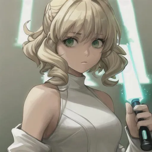 Prompt: jedi girl with blonde curly hair,white clothes and green eyes  from star wars