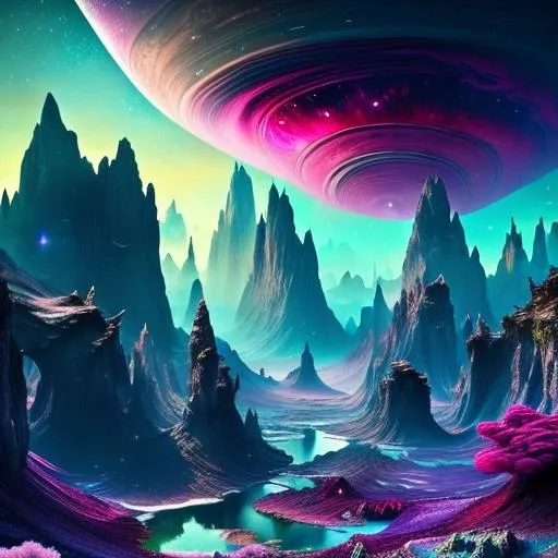 Prompt: Highly detailed fantasy planet landscape, moon, clouds, stars, planets, waterfalls, nebulae, mystical, light shafts,cherry blosoms, magenta-pink, green-cyan, dark-magenta, electric-blue, trending on artstation, beautiful, tonemapping, fantasy art, digital painting, hyperrealism, hyperdetailed, landscape, photorealistic, dramatic lighting, ray tracing, path tracing, vibrant, full shot