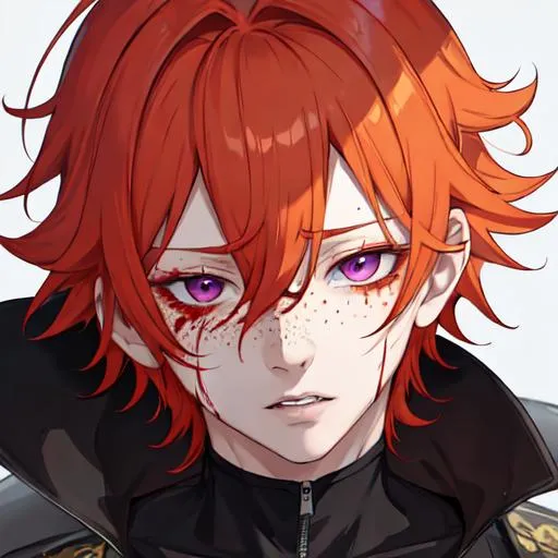 Prompt: Erikku male adult (short ginger hair, freckles, right eye blue left eye purple)  UHD, 8K, insane detail anime style, covered in blood, psychotic, covering his face with his hands, face covered in blood and cuts, blood highly detailed,