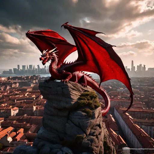 Prompt: ((A full-grown red dragon with wings perched on a crag above the rooftops of a city, trending by artstation)), photorealistic 64k resolution, HDR, epic, expansive, brilliant, stunning, hyperdetailedphotorealistic , ultra detailed, hyperrealistic, surreal, matte painting, unreal engine 5, UHD, first player sight

