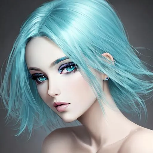 Prompt: Beautiful woman portrait aqua hair, eyes and lips, facial closeup
