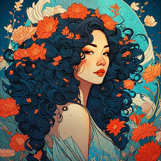 Prompt: "Beautiful, Big Long Curly Hair, Flowers, By Victo Ngai, Kilian Eng, Dynamic Lighting, Digital Art, Art By James Jean, Takato Yamamoto, Inkpunk Minimalism"
"a masterpiece, 8k resolution concept art portrait, fantasy concept art, by Magali Villeneuve, dynamic lighting, hyperdetailed, intricately detailed, trending on Artstation, bright rich color, Alphonse Mucha, Jordan Grimmer, Artgerm, Reg Gray, dynamic lighting hyperdetailed intricately detailed trending on Artstation triadic colors Unreal Engine 5 volumetric lighting"
