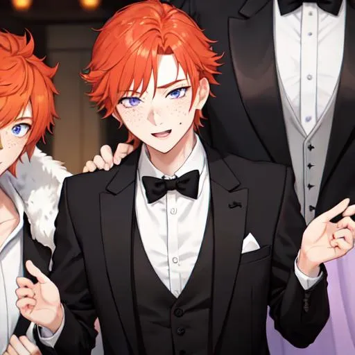 Prompt: Erikku 1male (short fluffy ginger hair, freckles, right eye blue left eye purple) wearing black suit at a wedding