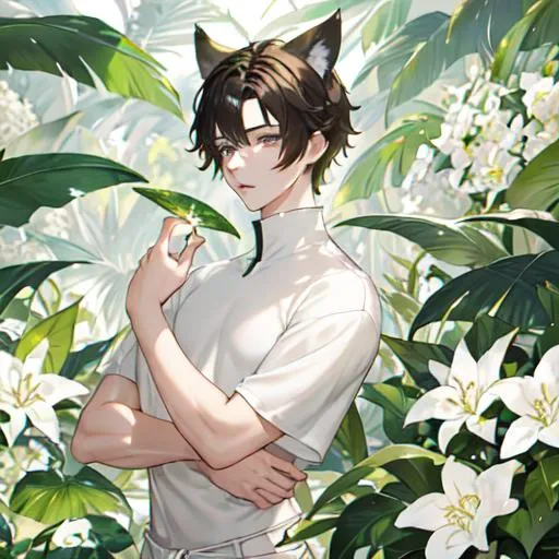 Prompt: Exotic plants on green planet. A young man that has wolf ears and a tail. Pale skin, grey eyes, plump lips, toned body. HE HAS short BROWN hair. Wearing white t-shirt and pants. Facing to the left side. He's surrounded by white flowers. His eyes match beautifully, the same EXACT color. HIGH QUALITY.