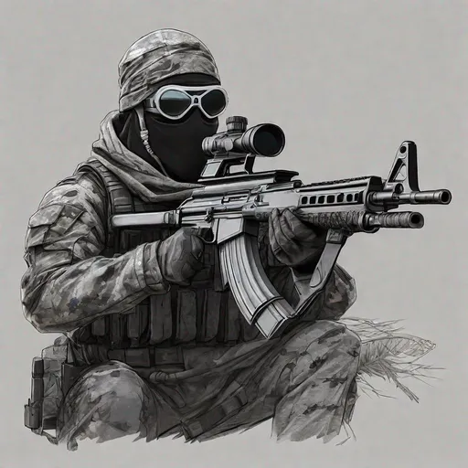 Prompt: Sniper with a skull mask, black goggles and a black ghillie suit with an AK-74 , drawing