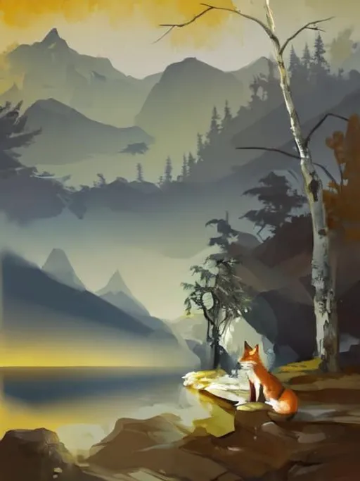 Prompt: Fox standing on a rock outcrops looking over a lake at misty mountains