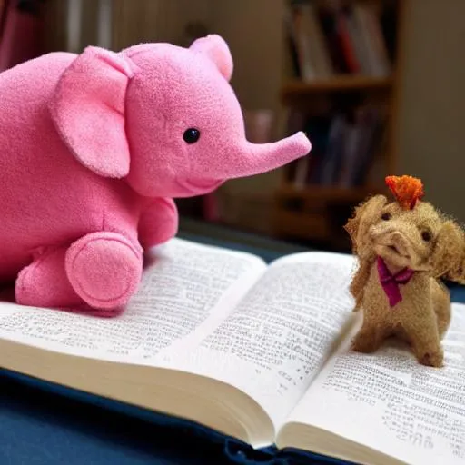 Prompt: A PINK SMALL DOG REDING BOOK AND A RED ELEPHANT LISTING HIM.