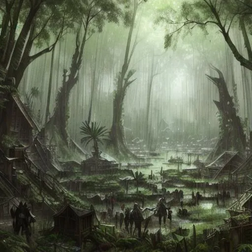 Prompt: post apocalyptic medival fantasy city in a huge forest jungle, rainy,