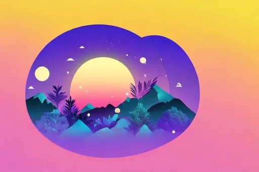 Prompt: A View of Mountains, Moon, and Sun with Plants on The Sides Acting as Side Display with a Blue Purple Backgrounds or Sight